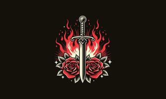 zwaard en rood roos en vlammen vector ontwerp