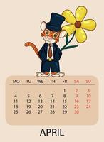 kalenderontwerpsjabloon voor april 2022, het jaar van de tijger volgens de chinese kalender, met een illustratie van tijger met mooie gele bloem. tafel met kalender voor april 2022. vector