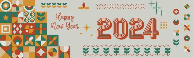 gelukkig nieuw jaar 2024 Hoes met modern meetkundig abstract achtergrond. groet kaart banier ontwerp met schoonschrift en kleurrijk vormen retro in een wijnoogst geïnspireerd vector illustratie.