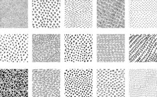 groot reeks van hand- getrokken inkt naadloos texturen. verzameling van 24 naadloos patroon met krabbels, lijnen, halve cirkels, pijlen, harten, vlekken en golven. modern modieus achtergrond of illustratie. vector