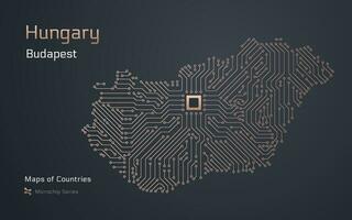 Hongarije kaart met een hoofdstad van Boedapest getoond in een microchip patroon met verwerker. e-overheid. wereld landen vector kaarten. microchip serie