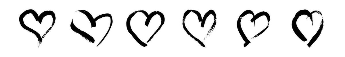 hand- getrokken borstel harten. reeks van zes grunge zwart tekening harten Aan wit achtergrond. romantisch liefde symbool. vector illustratie.