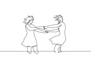 twee volwassen meisjes in jurken Holding handen dansen in de wind - een lijn tekening vector. concept twee vriendinnetjes hebben pret in natuur, dans in de winderig buitenshuis vector