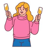 een vrouw vieren partij en Holding glas van Champagne vector
