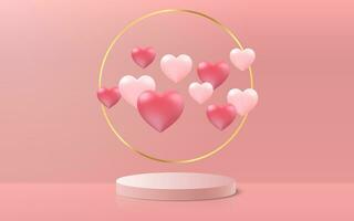 podium en harten. Valentijn dag Product 3d platform, gouden ring met rood en roze hartelijk vormen. bruiloft romantisch kaart, weggeven vector banier