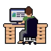 een pixel stijl illustratie van een persoon zittend Bij een bureau vector