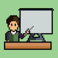 een pixel kunst illustratie van een leraar geven een presentatie vector