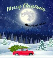 Kerstmis kaart ontwerp van auto met boom Aan de top vector