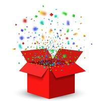 Open rood geschenk doos en confetti. vector