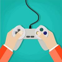 handen Holding bedrade oud school- gamepad. vector