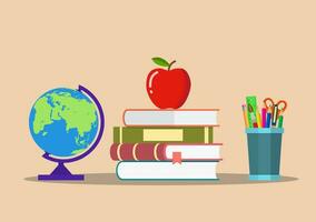 kleur potloden in beker, wereldbol, boeken, appel. onderwijs vector