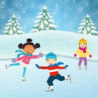 winter tafereel met het schaatsen kinderen vector