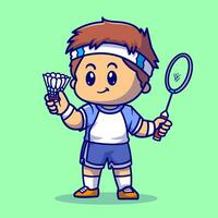 schattig jongen spelen badminton tekenfilm vector icoon illustratie. mensen sport icoon concept geïsoleerd premie vector. vlak tekenfilm stijl