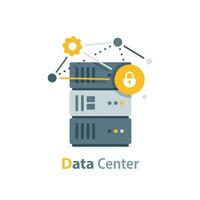 gegevens centrum, web servers, onderhoud, internet verbinding, wolk servers met veiligheid pictogrammen vlak vector