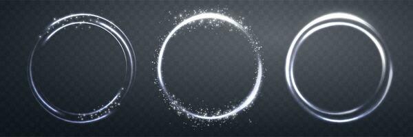 zilver magie ringen set, met gloeiend deeltjes. neon realistisch energie gloed halo ring. abstract licht effect. vector illustratie.