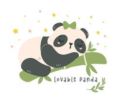 aanbiddelijk tekenfilm panda slapen bamboe en ballonnen, kinderkamer baby douche kind illustratie. vector