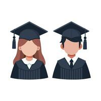 afstuderen jong meisje en jongen leerling avatar. diploma uitreiking pet en gewaad. vector illustratie