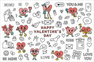 modieus groovy valentijnsdag dag sticker set. retro valentijnsdag dag. jaren 70 Jaren 60 esthetiek. wijnoogst grappig vector. vector illustratie. vector