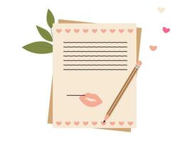 liefde brief sjabloon Aan papier vel met lippenstift afdruk. vector illustratie