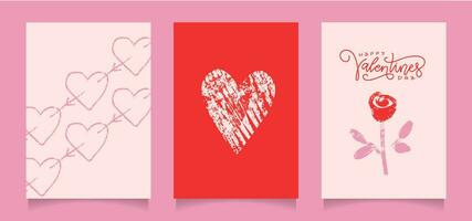reeks van was- krijt hand- getrokken kaarten met Valentijnsdag dag symbolen - hart, roos. kind schilderij pastel krijt lijnen kunst. minimalistisch vector ontwerp elementen.