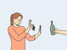 vrouw bestuurder weigert alcohol en houdt auto sleutels staand in de buurt menselijk hand- met fles van bier. concept van soberheid en bewustzijn van bestuurder wie doet niet willen naar rit na drinken alcohol vector