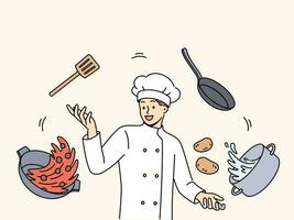 Mens koken in wit uniform en pet staat tussen vliegend potten en ingrediënten voor Koken heerlijk soep. professioneel vent cafe koken komt omhoog met recept voor nieuw schotel voor restaurant menu vector