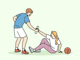 basketbal kaviaar helpt gedaald meisje naar staan omhoog, tonen team solidariteit met gewond tegenstander. snel reagerend vriend kredietverlening helpen hand- naar vriend zittend Aan grond in de buurt basketbal bal vector