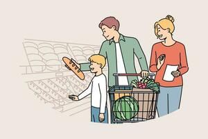 gelukkig familie is boodschappen doen in supermarkt, staand met trolley in de buurt schappen met vers brood. jongen bezoeken kruidenier op te slaan met ouders kiezen gebakjes of brood, voor concept van gezond eetpatroon vector