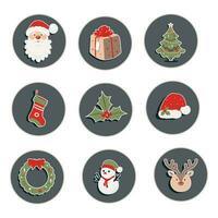 Kerstmis stickers van decoraties, vakantie geschenk, Kerstmis boom, geschenk, sneeuwman, de kerstman claus, hoed, en sok. kleurrijk vector illustratie