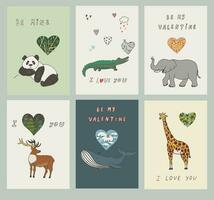 zes kaarten met dieren en harten Valentijnsdag dag groet prints set. vector