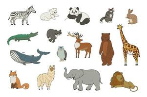 een verzameling van dieren, inclusief een zebra, giraffe, olifant, neushoorn, en leeuw. vector