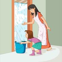 meisje met mam besparing regen water in emmer vector illustratie