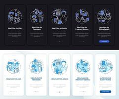 maaltijdplan voor leeftijdsgroepen dag, nacht onboarding mobiele app paginascherm vector