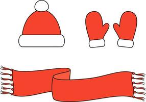 Kerstmis gebreid rood pet, wanten, sjaal. nieuw jaar accessoire. winter breigoed. mode cad. vector illustratie.