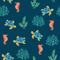 onderwater- dier naadloos patroon met hand- getrokken schildpad en zeepaardje vector