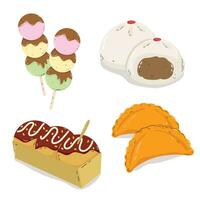 illustratie van voedsel, Japans hapjes, hand- getrokken. dango, kerrie puf, tako, gestoomd broodjes. vector