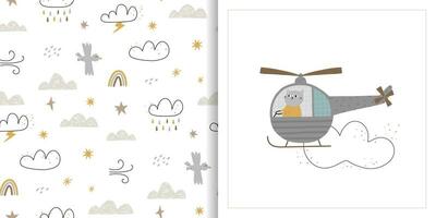 naadloos achtergrond en kaart met een schattig kat in een helikopter. reizen en avontuur, vliegend tussen de wolken. vector