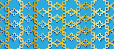 achtergrond met Arabisch rijk patroon. structuur van gouden Islamitisch ornament met schaduw Aan een blauw achtergrond. vector illustratie.