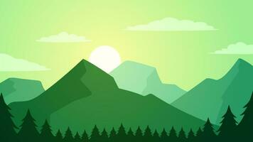 groen berg landschap vector illustratie. landschap van berg reeks met bewolkt lucht in de ochtend. berg landschap voor achtergrond, behang of illustratie