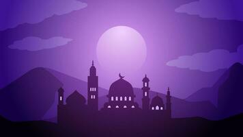 moskee silhouet in de nacht met halve maan maan. Ramadan landschap ontwerp grafisch in moslim cultuur en Islam geloof. moskee landschap vector illustratie, achtergrond of behang