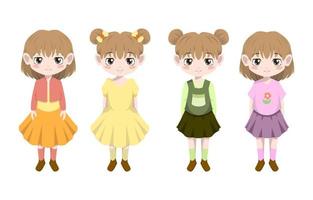 klein meisje kind kind staande kleding haar voorkant vector tekenfilm set