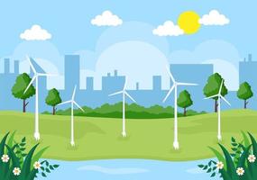 ecologische duurzame energievoorziening achtergrond vector vlakke afbeelding elektriciteitscentrale station gebouwen met zonnepanelen, gas, geothermische, hernieuwbare, water en windturbines