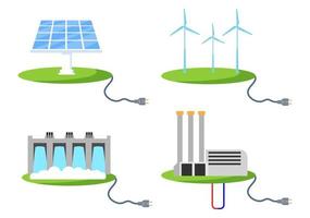 ecologische duurzame energievoorziening achtergrond vector vlakke afbeelding elektriciteitscentrale station gebouwen met zonnepanelen, gas, geothermische, hernieuwbare, water en windturbines