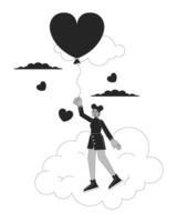 zwart meisje vliegend met ballon bovenstaand wolken zwart en wit 2d lijn tekenfilm karakter. bewolkt hart vormig ballon Afrikaanse Amerikaans geïsoleerd vector schets persoon. monochromatisch vlak plek illustratie