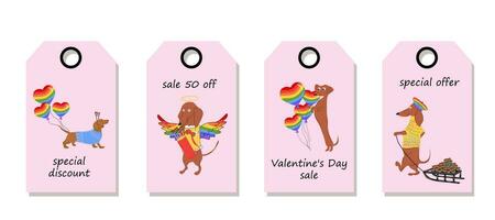 vector reeks van korting prijs labels. etiketten met teckels honden trekt een regenboog harten. Valentijnsdag dag uitverkoop.