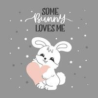 schattig wit konijn en kalligrafische belettering Aan een achtergrond van sterren. groet kaart voor Valentijnsdag dag, Pasen, verjaardag. vector