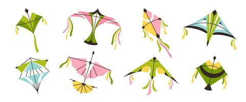 reeks van vliegers, kleurrijk, tekenfilm vliegers vector