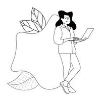 zwart en wit illustratie van een vrouw Holding een laptop naar werk terwijl staand vector