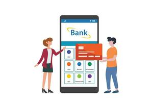 vector illustratie van Mens en vrouw aan het doen bank transacties met credit kaarten en smartphones