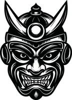 traditioneel Japans krijger masker uitdrukking demonische gezicht zwart en wit vector Japans glyph soldaat